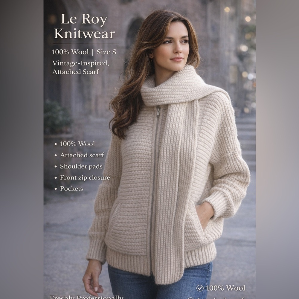 Le Roy Knitwear Wool Sweater with Attached Scarf - Size S